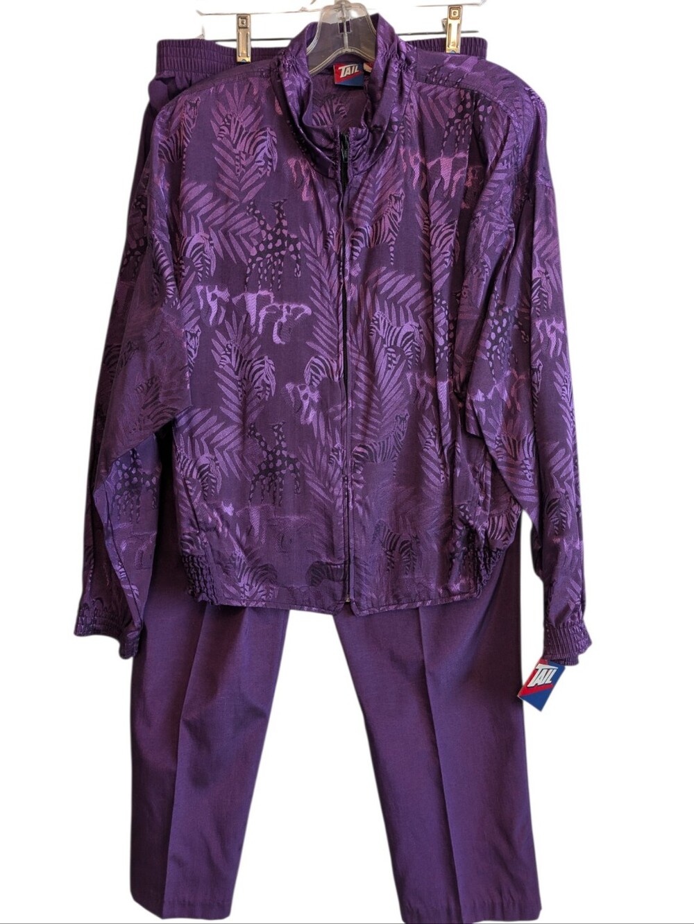 vtg Tail 80's Women's Satin Track Suit Purple Animal Pattern NEW! Size Large